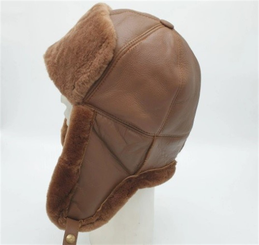 İçi Kürklü Camel Renk Pilot Model Deri Şapka