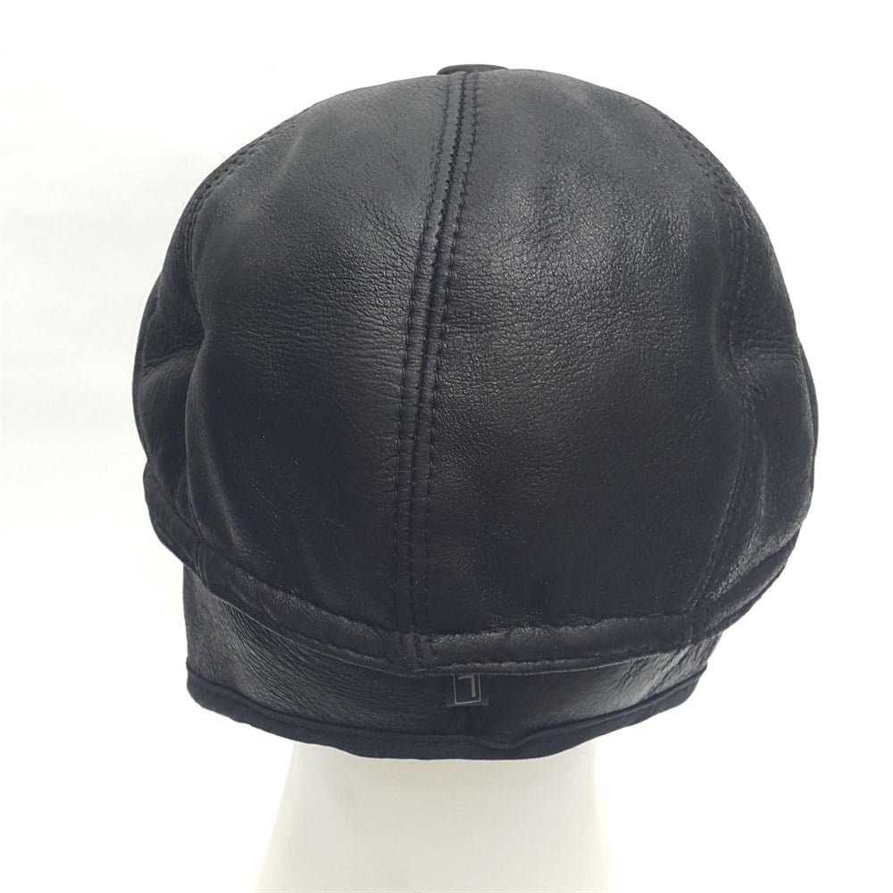 İçi Kürklü Deri Kasket Siyah Renk