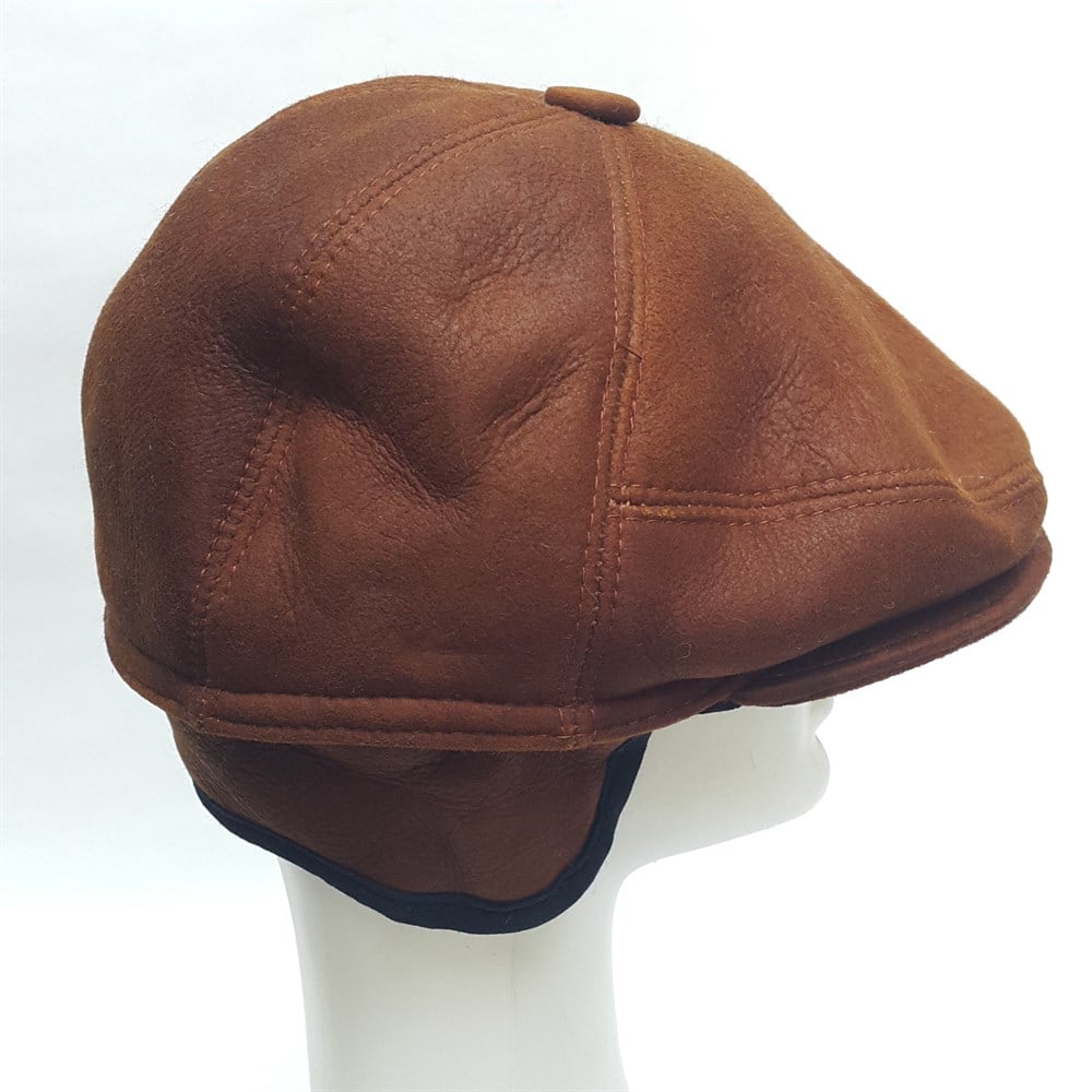 İçi Kürklü Deri Kasket Taba Renk