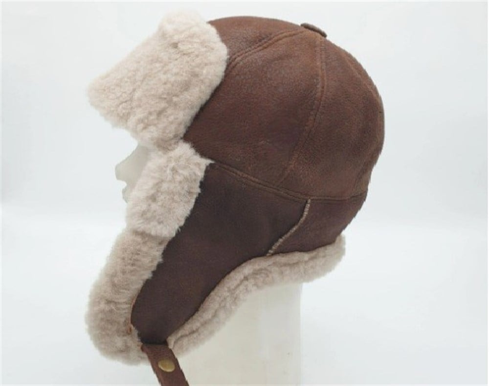 İçi Kürklü Kahve Renk Pilot Model Deri Şapka