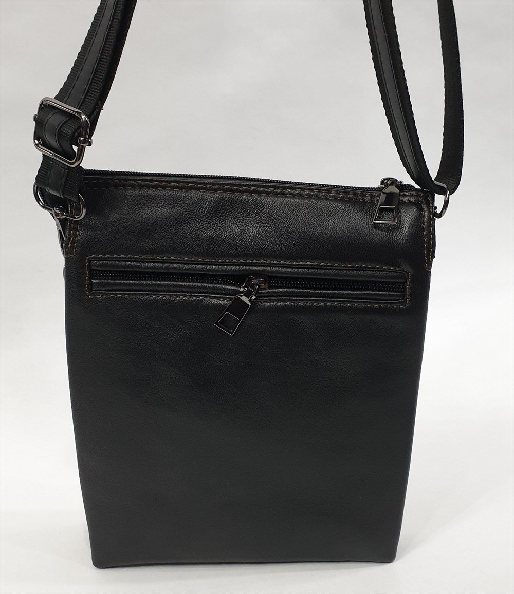 Kahve Dikişli Fermuarlı Deri El Çantası