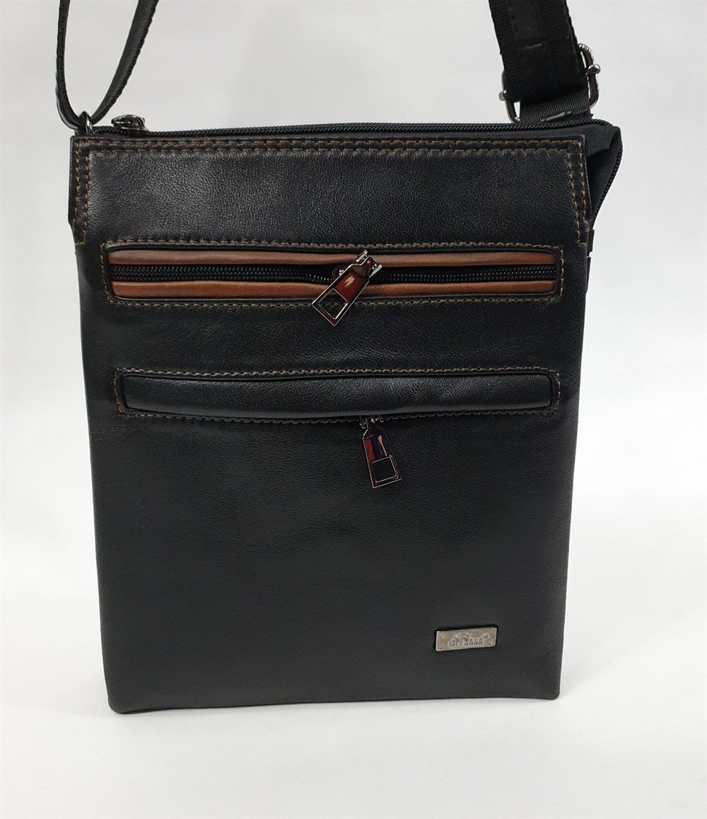 Kahve Dikişli Fermuarlı Deri El Çantası