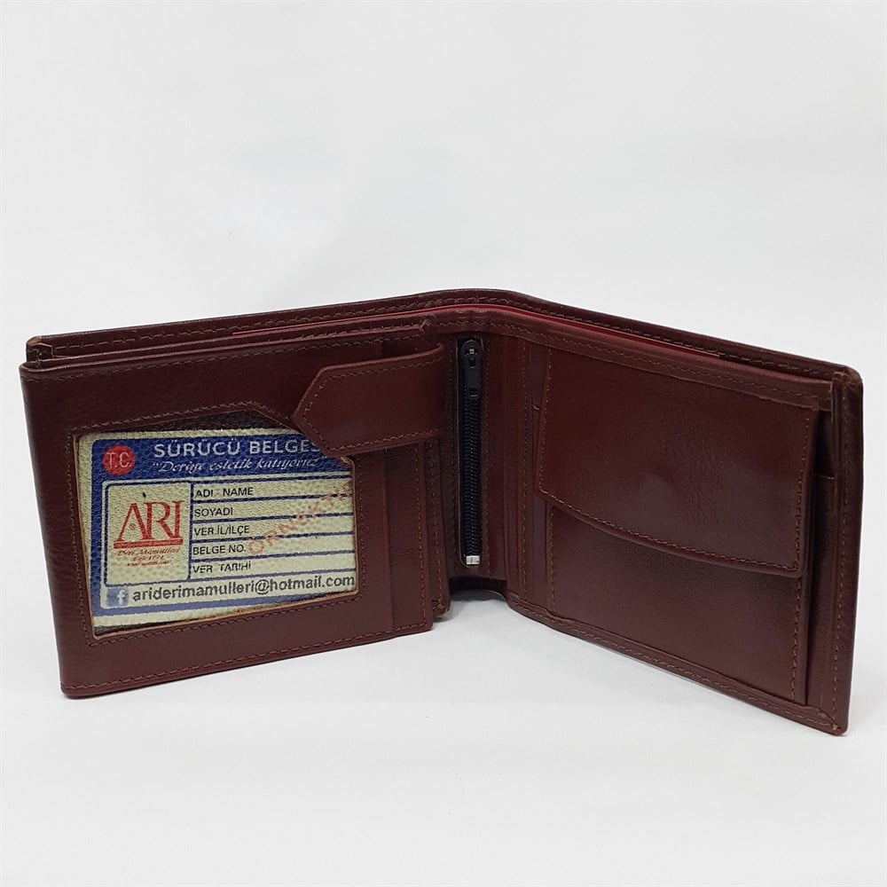 Kahve-Siyah-Taba Renkte Kartlık, Kimlik, Ehliyet Bölmeli İç Fermuarlı Yatay Deri Cüzdan
