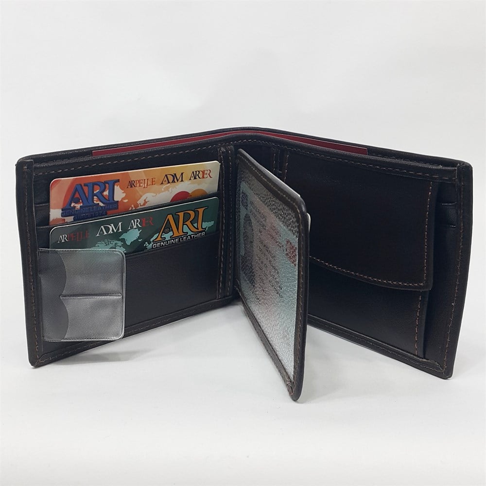 Kahve-Siyah-Taba Renkte Kartlık, Kimlik, Ehliyet Ve Bozuk Para Bölmeli Yatay Deri Cüzdan