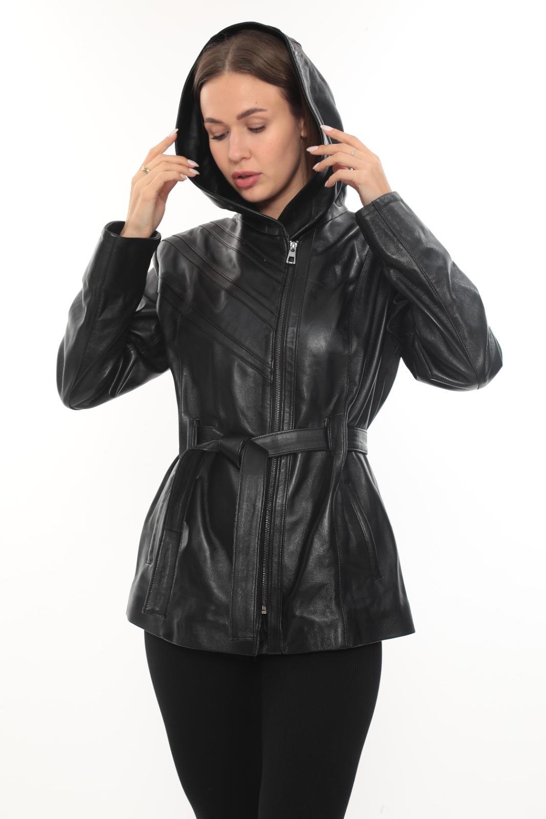 Kapişonlu Kadın Deri Ceket 