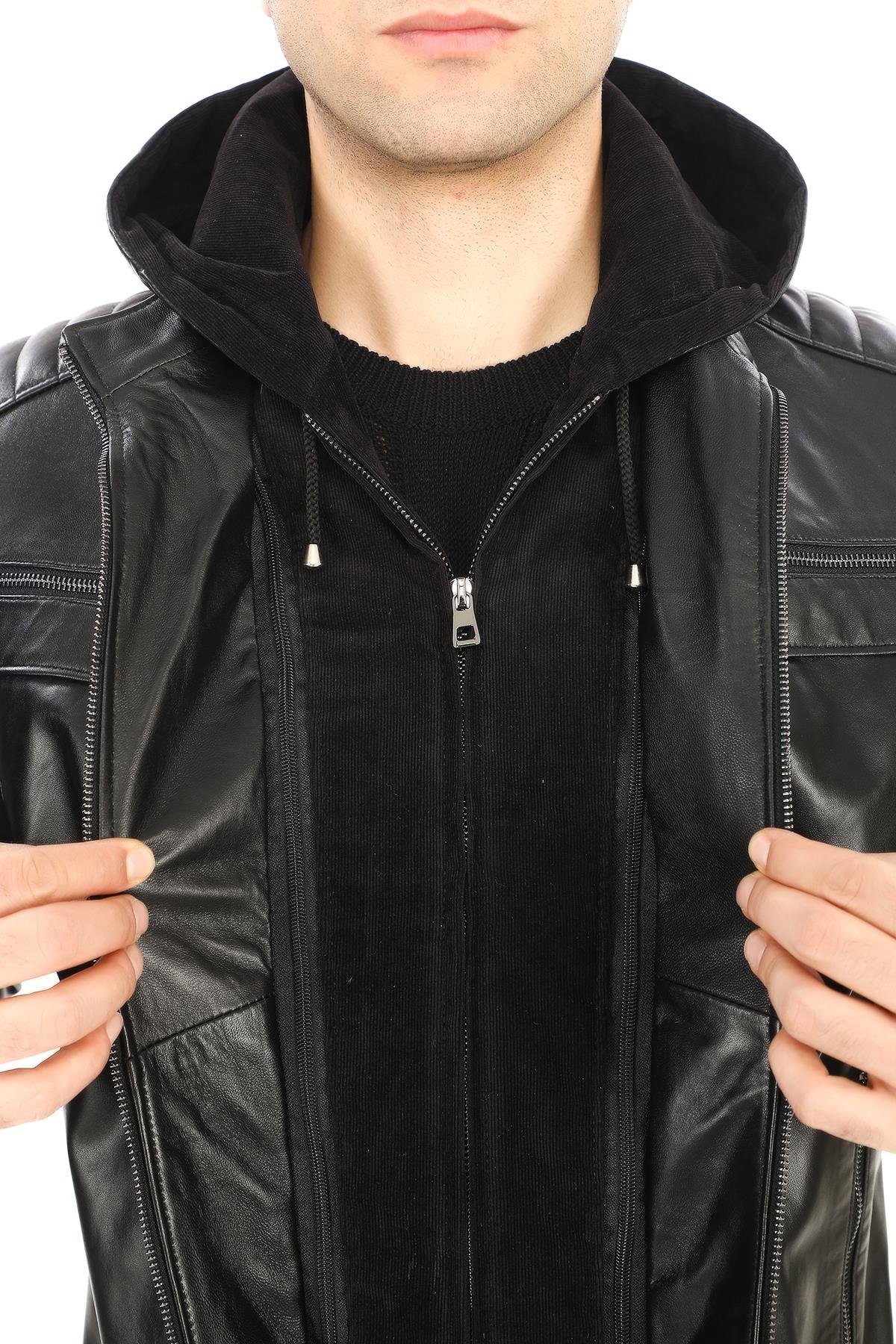 Kapşonlu Spor Kesim Deri Mont Kolu Fermuarlı