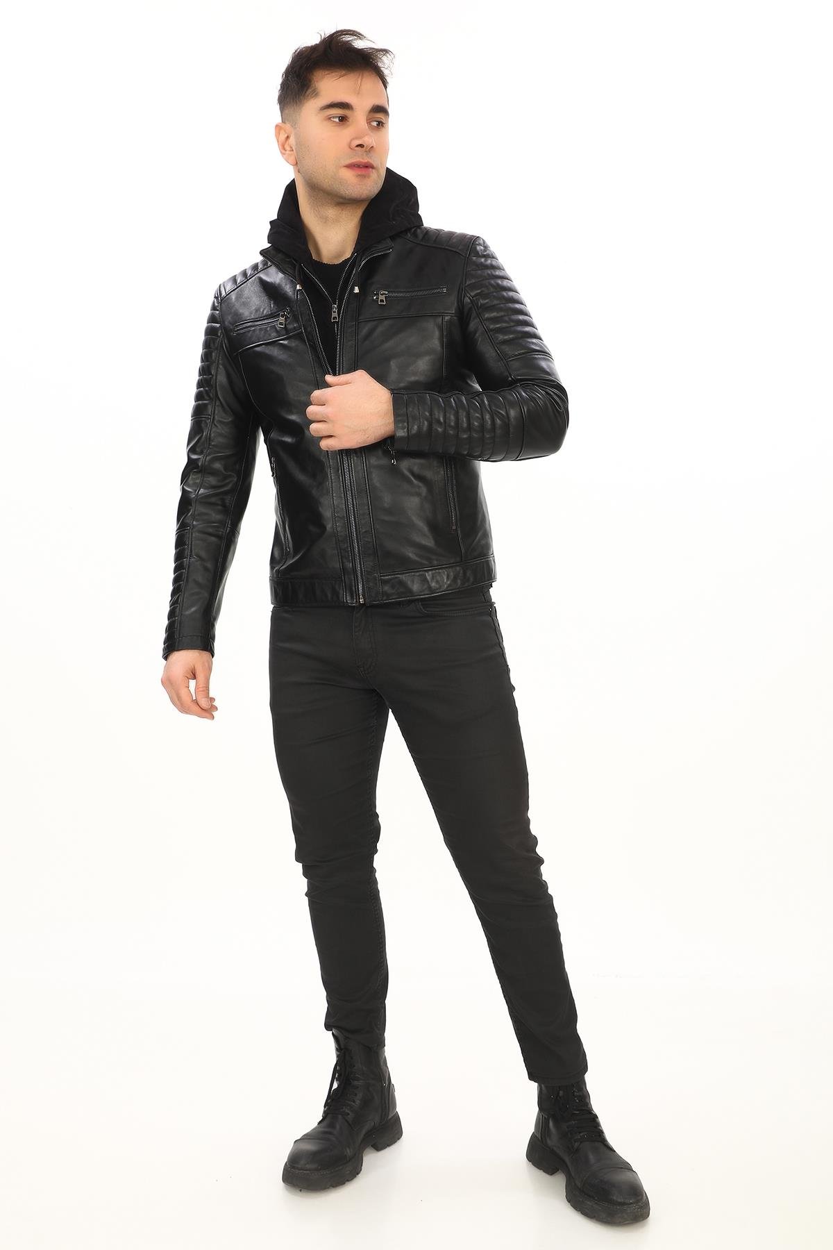 Kapşonlu Spor Kesim Deri Mont Kolu Fermuarlı