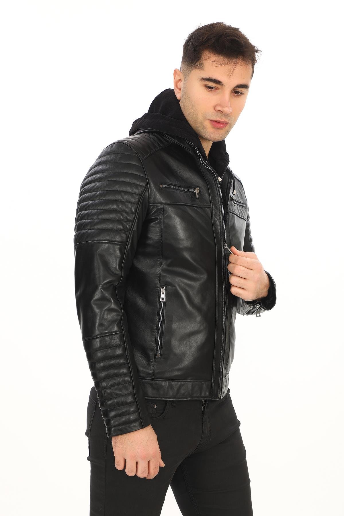 Kapşonlu Spor Kesim Deri Mont Kolu Fermuarlı