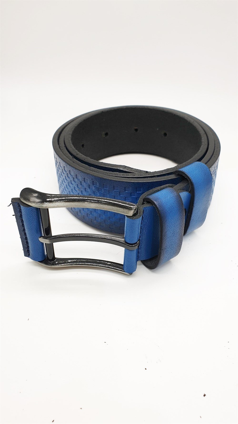 Kare Desenli Deri Toka Detaylı Spor Kot Kemeri-Mavi