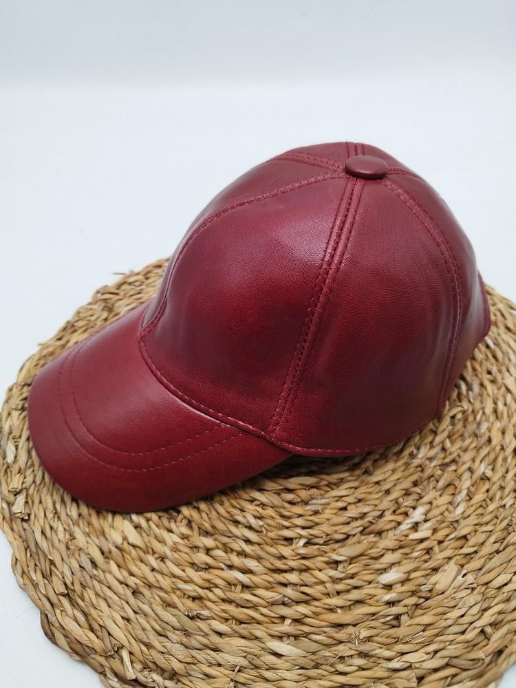 Kırmızı Renk Deri Unisex Şapka