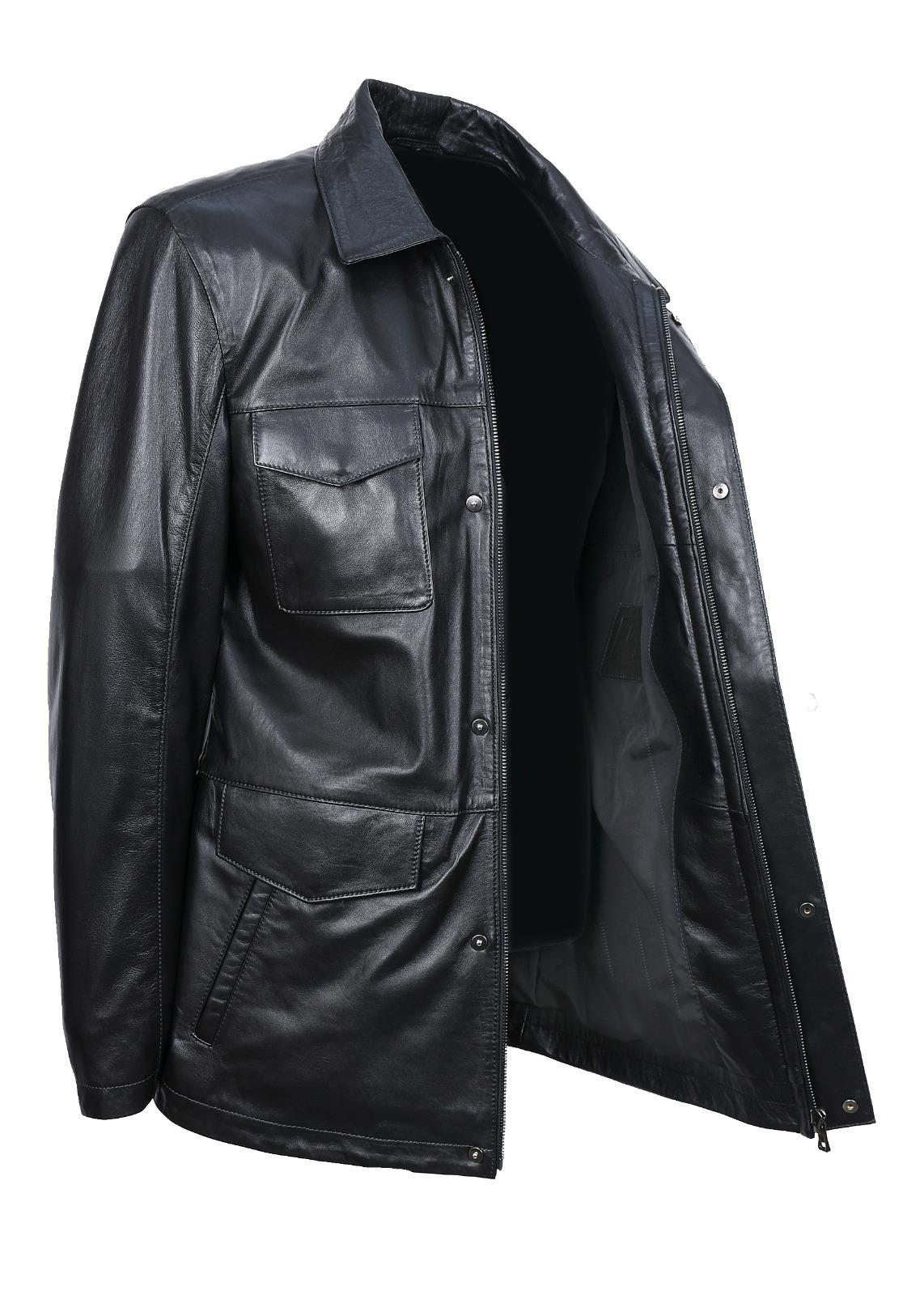 Klasik Kesim Yakalı Torba Cepli Erkek Deri Mont