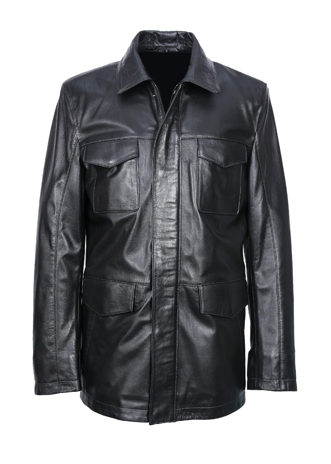 Klasik Kesim Yakalı Torba Cepli Erkek Deri Mont