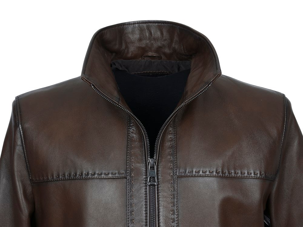 Klasik Spor Model Punto Dikişli  Erkek Deri Mont Fındık Renk