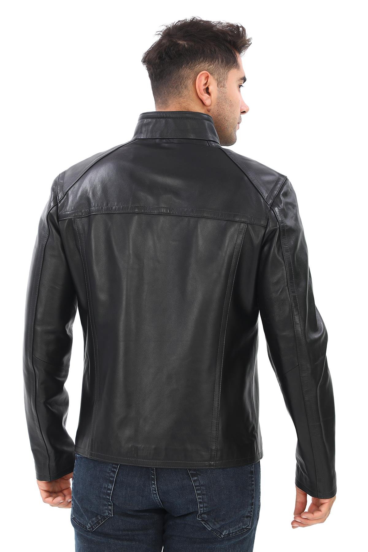 Klasik ve Spor Tasarımlı Yarım Yakalı Erkek Deri Ceket Siyah Renk