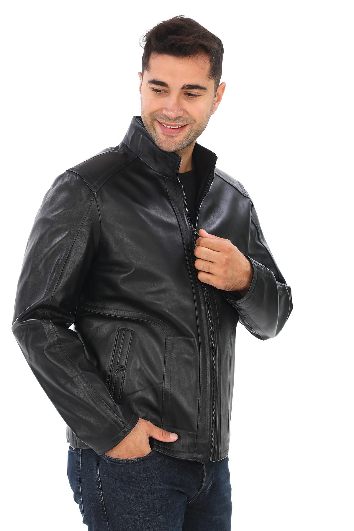 Klasik ve Spor Tasarımlı Yarım Yakalı Erkek Deri Ceket Siyah Renk