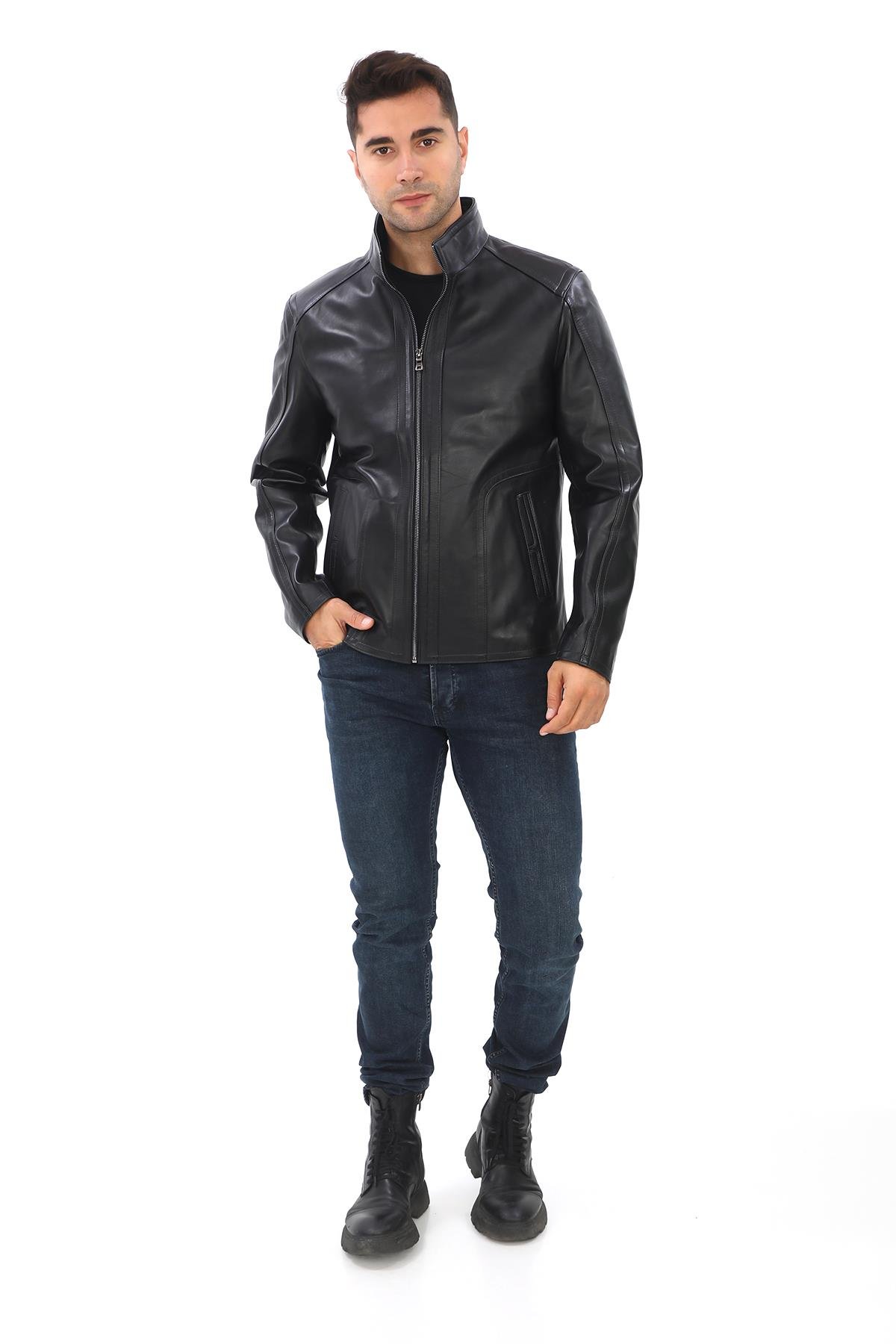 Klasik ve Spor Tasarımlı Yarım Yakalı Erkek Deri Ceket Siyah Renk