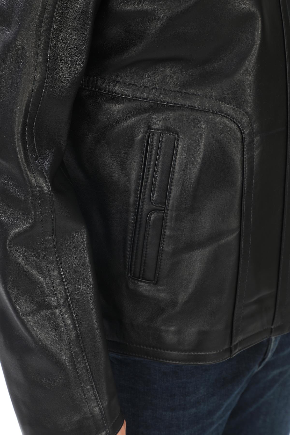 Klasik ve Spor Tasarımlı Yarım Yakalı Erkek Deri Ceket Siyah Renk