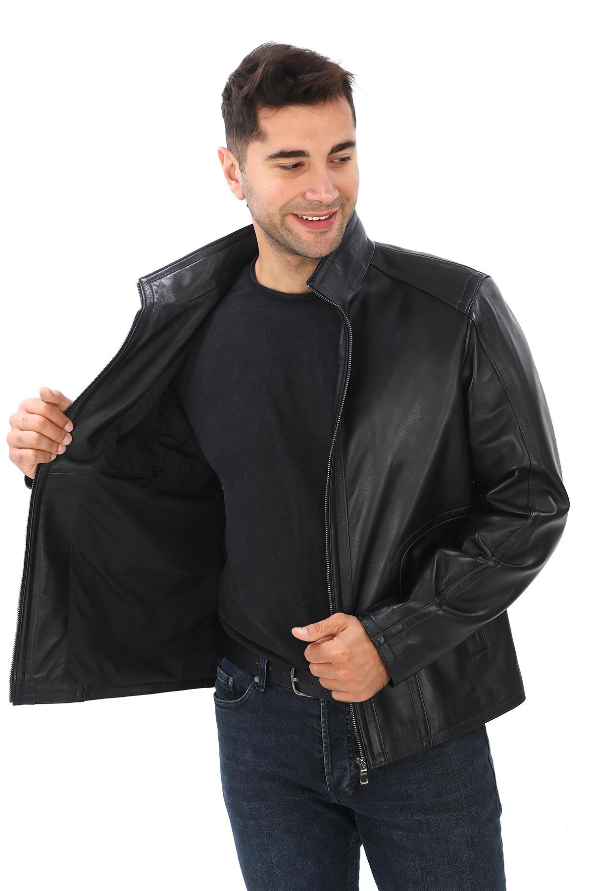 Klasik ve Spor Tasarımlı Yarım Yakalı Erkek Deri Ceket Siyah Renk