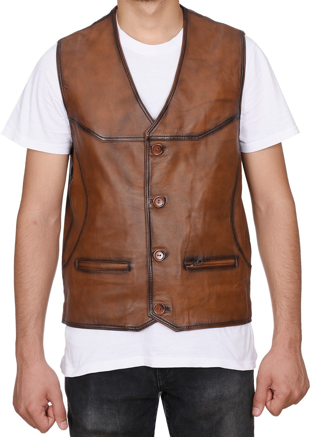 Klasik ve Spor Yandan cepli Deri Yelek Taba Renk