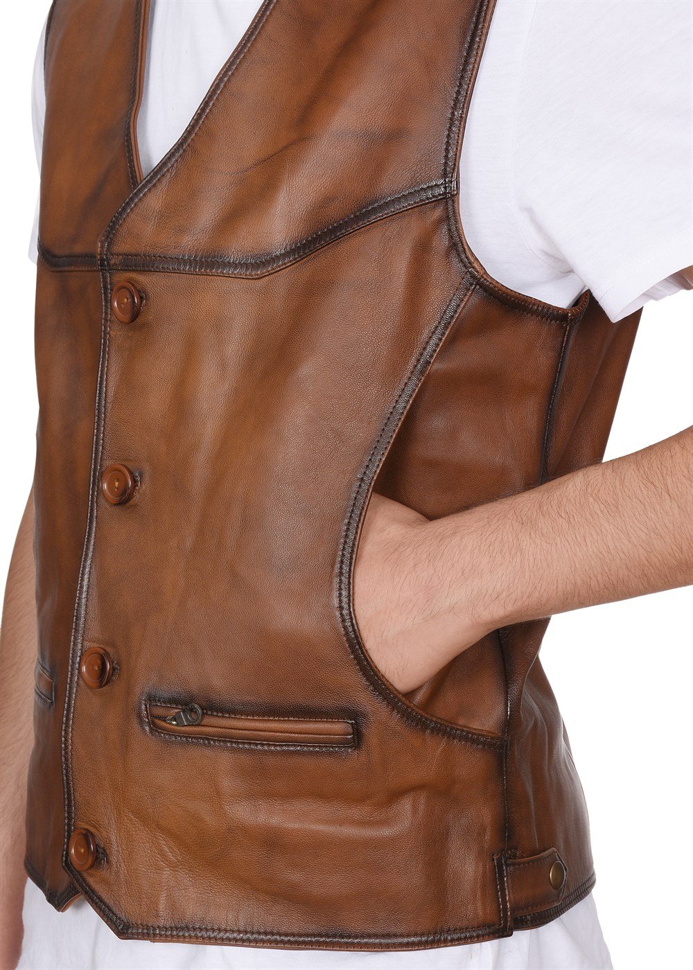 Klasik ve Spor Yandan cepli Deri Yelek Taba Renk