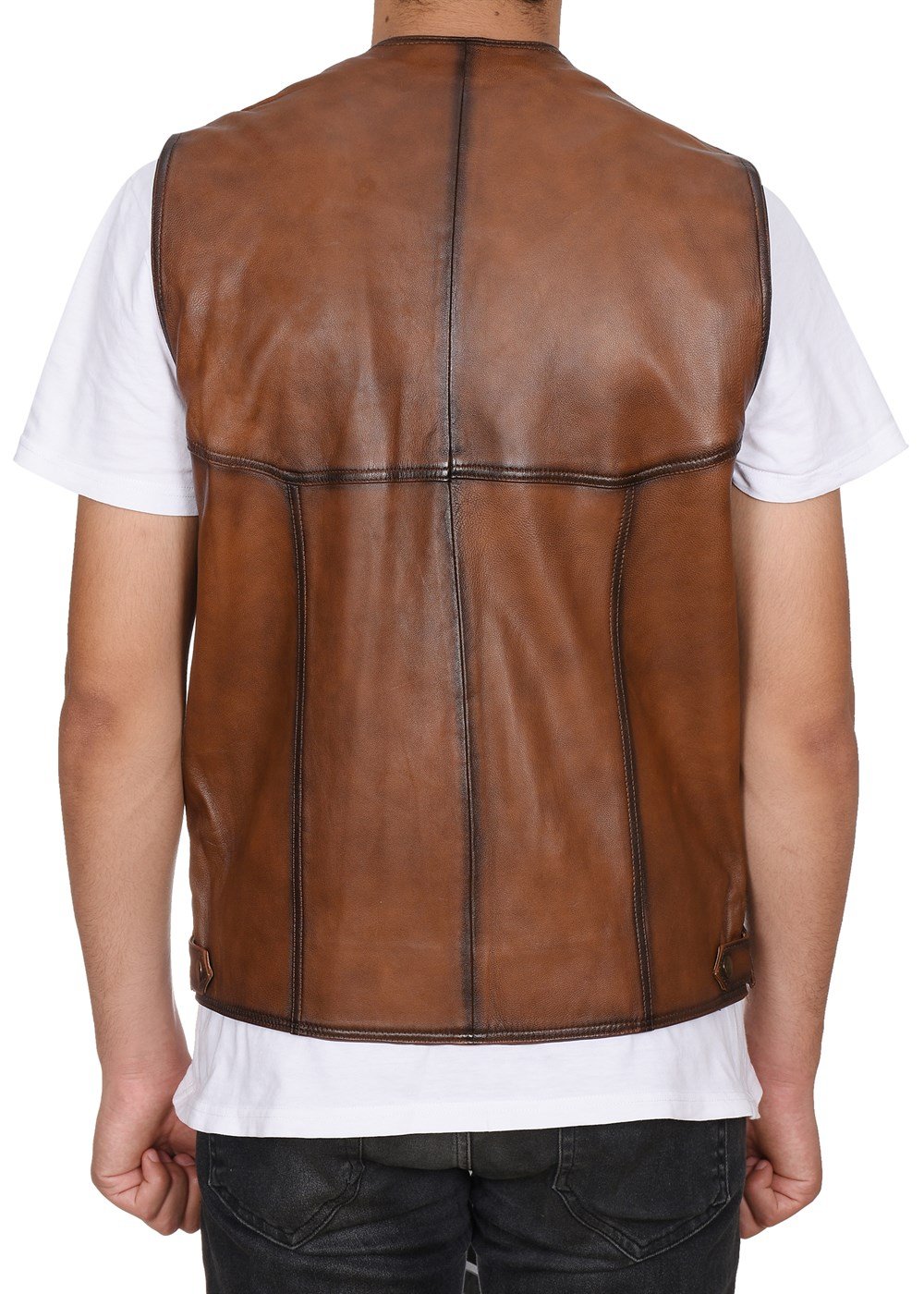 Klasik ve Spor Yandan cepli Deri Yelek Taba Renk