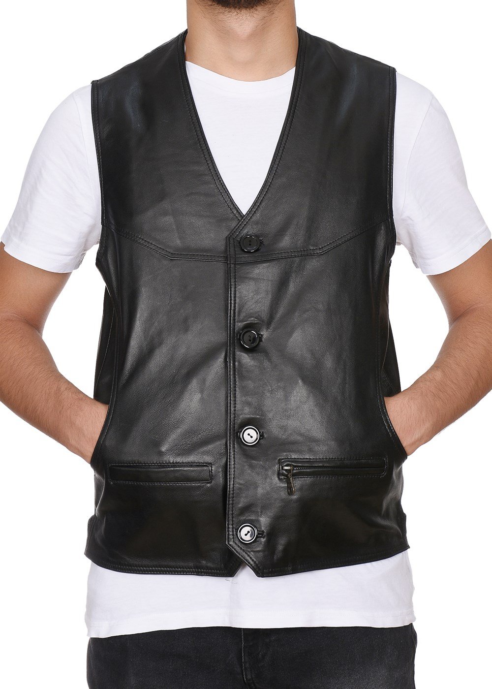 Klasik ve Spor Yandan cepli Deri Yelek Siyah Renk