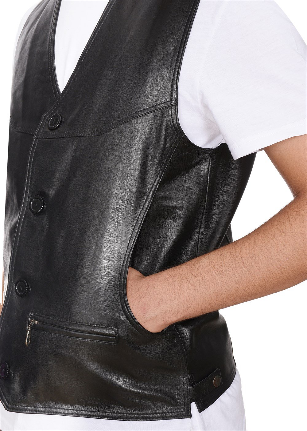 Klasik ve Spor Yandan cepli Deri Yelek Siyah Renk