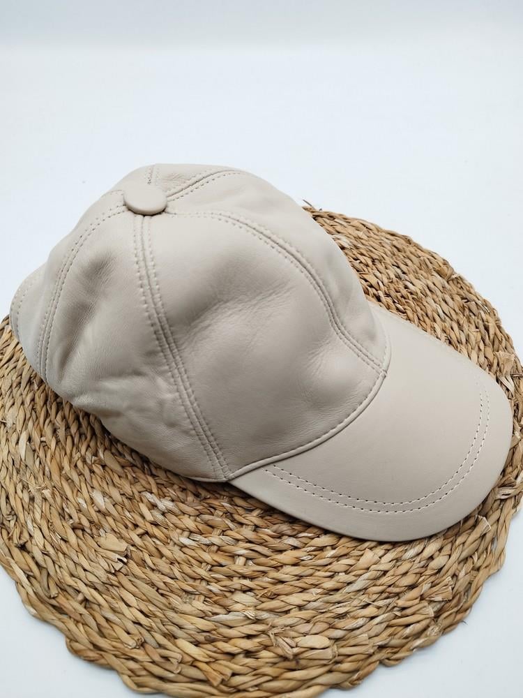 Krem Renk Deri Unisex Şapka
