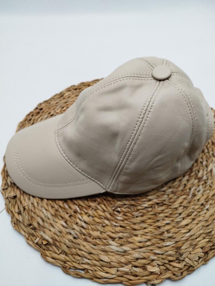 Krem Renk Deri Unisex Şapka