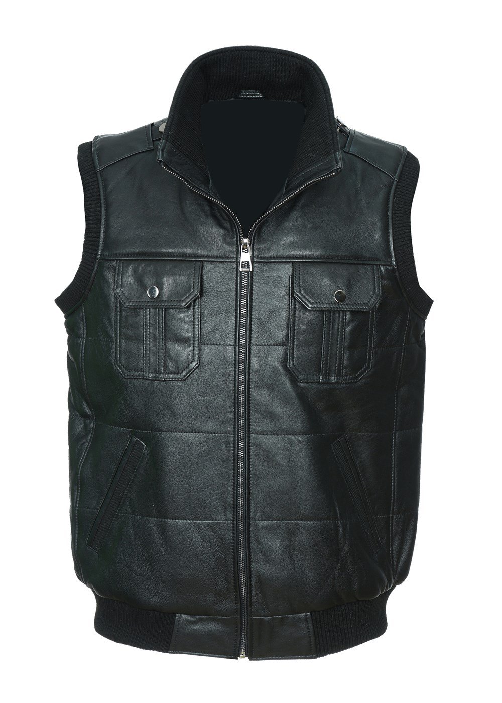 Lastikli ve Yakalı Model Siyah Renk Erkek Deri Yelek