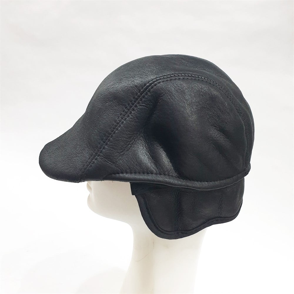 Ördek Model Deri Kürk Kasket Siyah Renk 