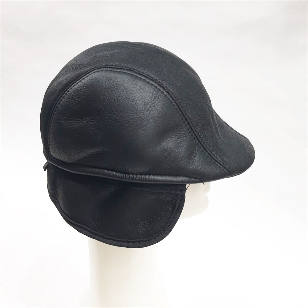 Ördek Model Deri Kürk Kasket Siyah Renk 
