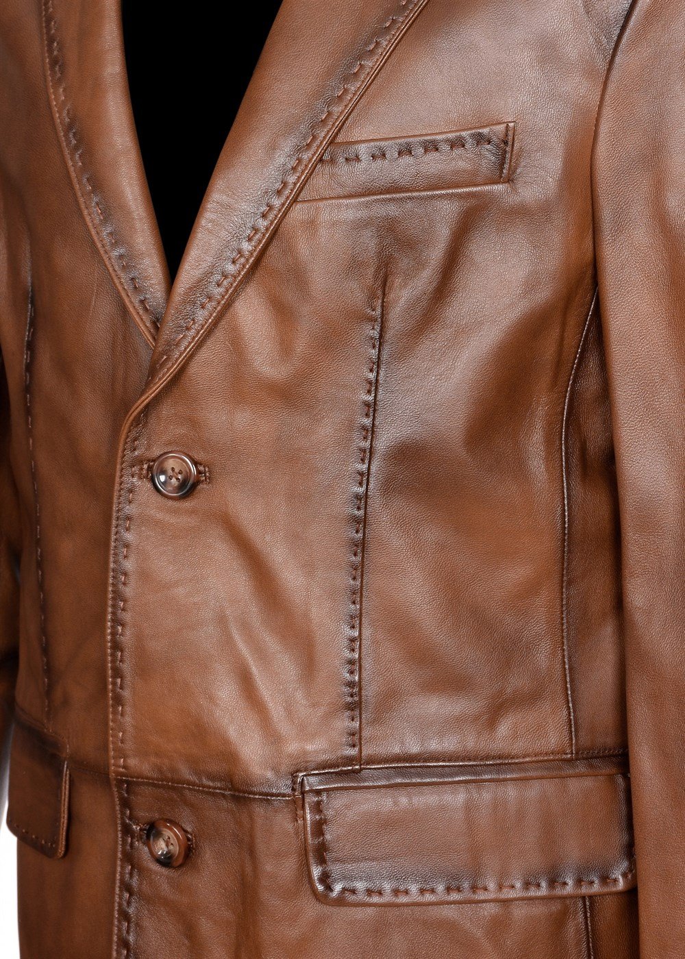 Punto Dikiş Detaylı Taba Renk Deri Ceket