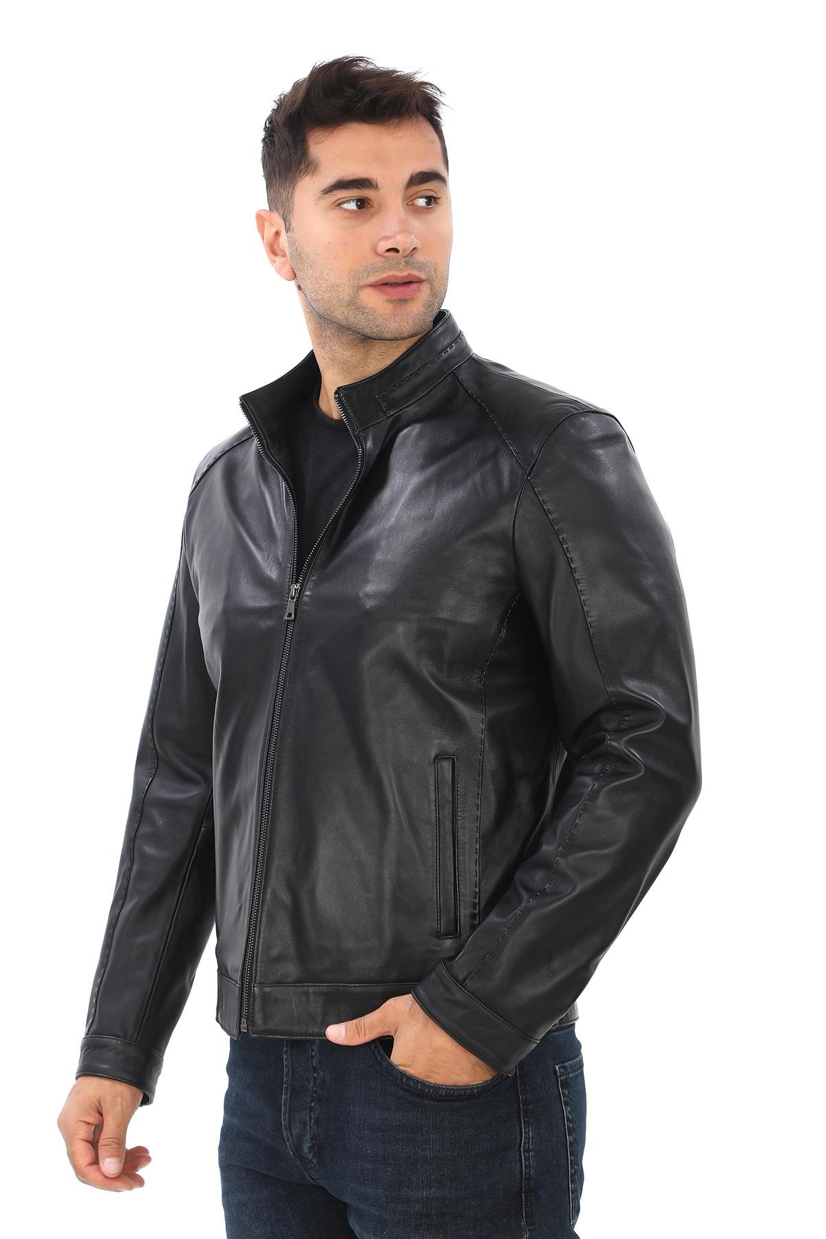 Punto Dikişli Hakim Yaka spor Erkek Deri Ceket Siyah Renk