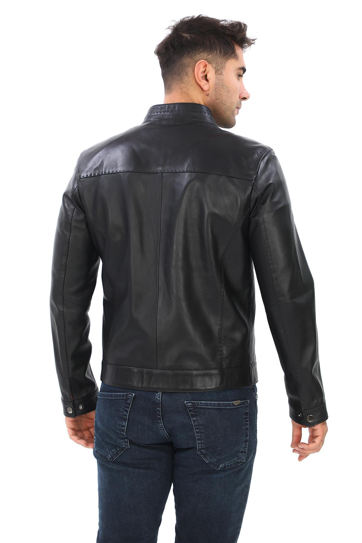 Punto Dikişli Hakim Yaka spor Erkek Deri Ceket Siyah Renk