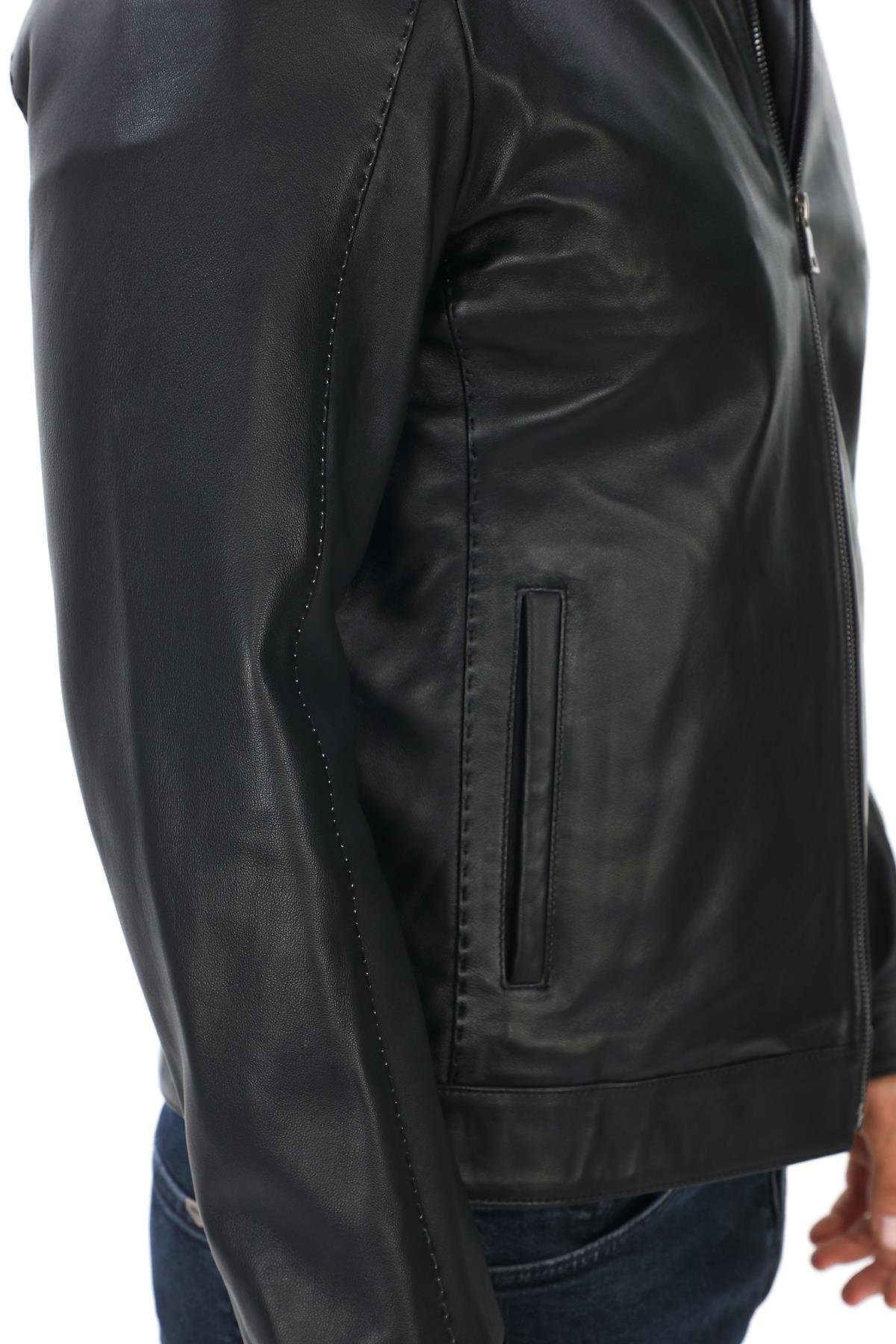 Punto Dikişli Hakim Yaka spor Erkek Deri Ceket Siyah Renk