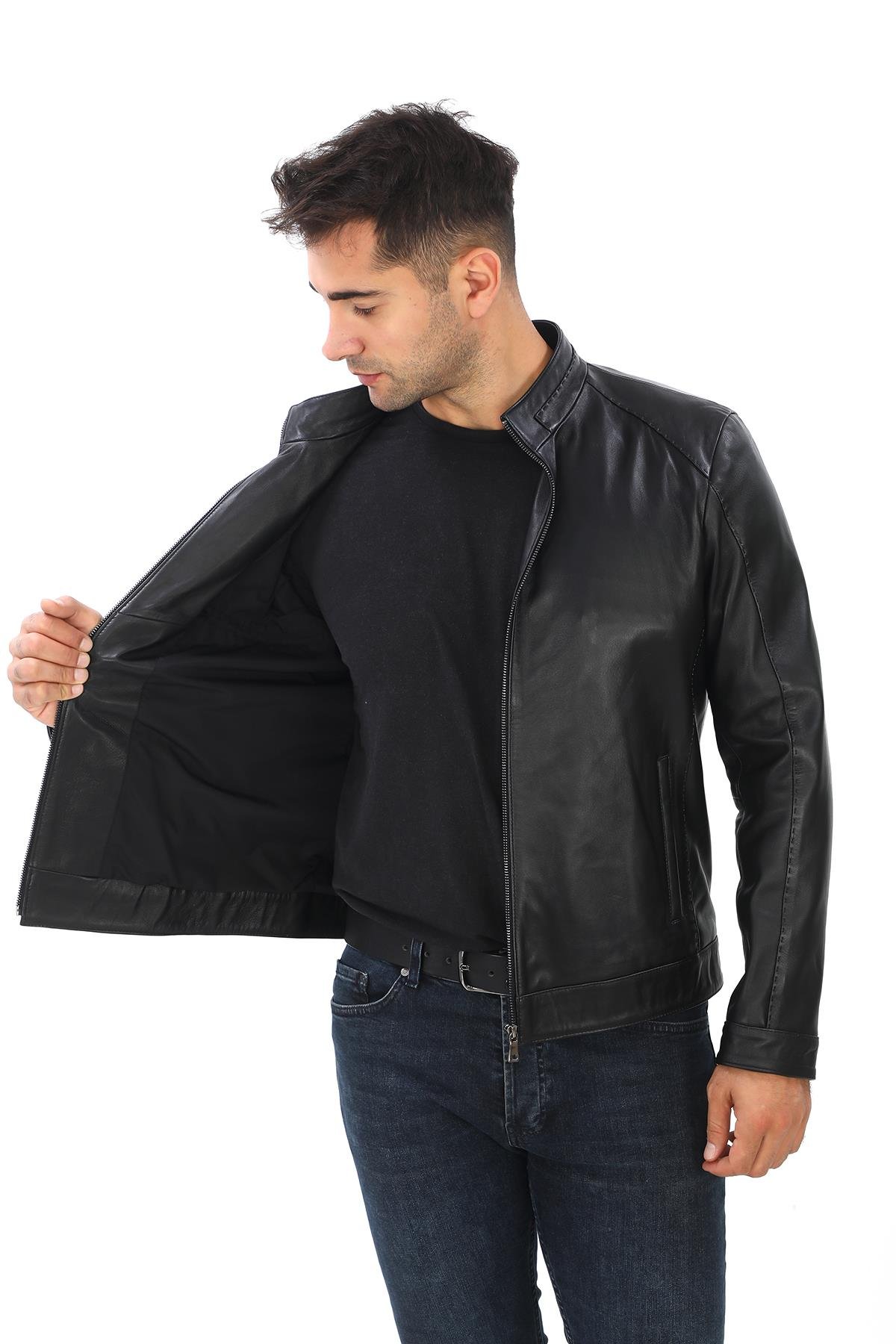 Punto Dikişli Hakim Yaka spor Erkek Deri Ceket Siyah Renk