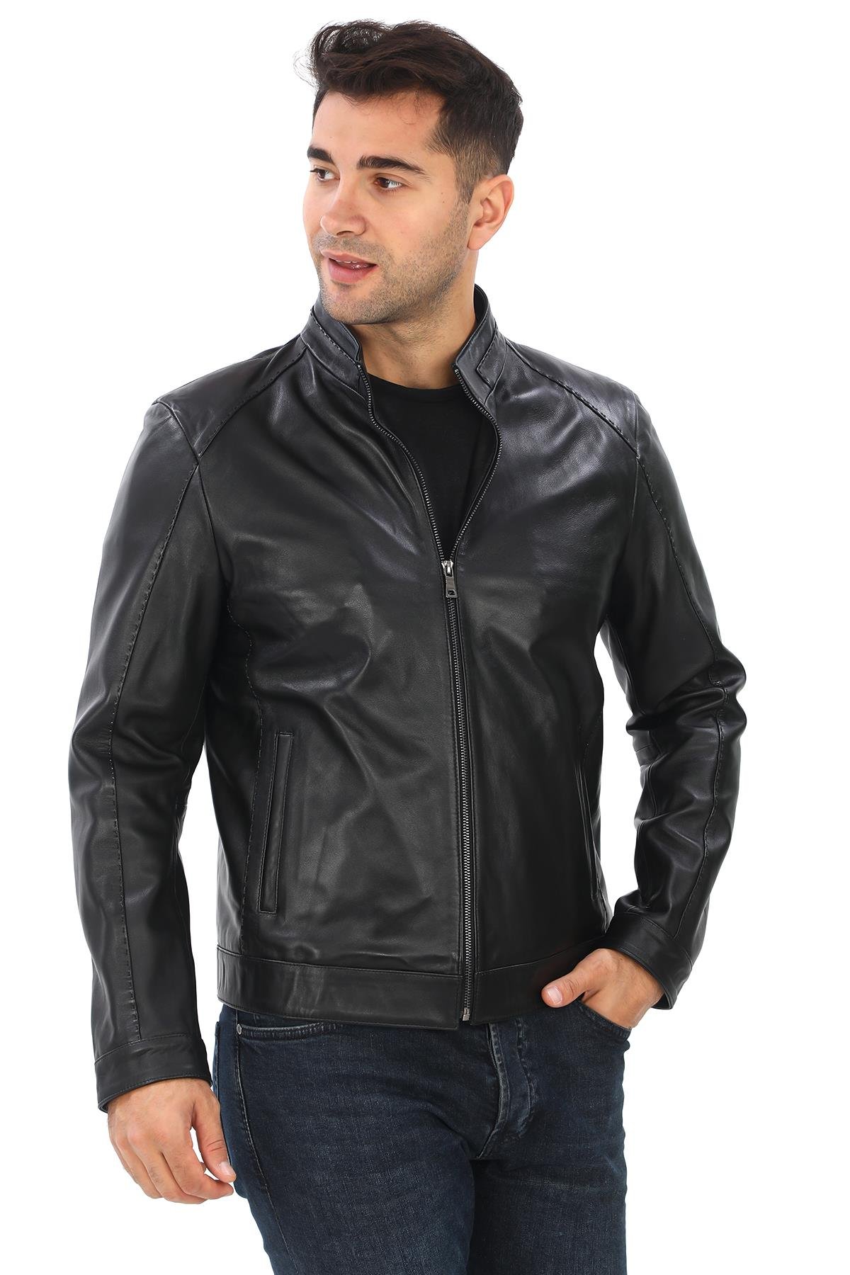 Punto Dikişli Hakim Yaka spor Erkek Deri Ceket Siyah Renk