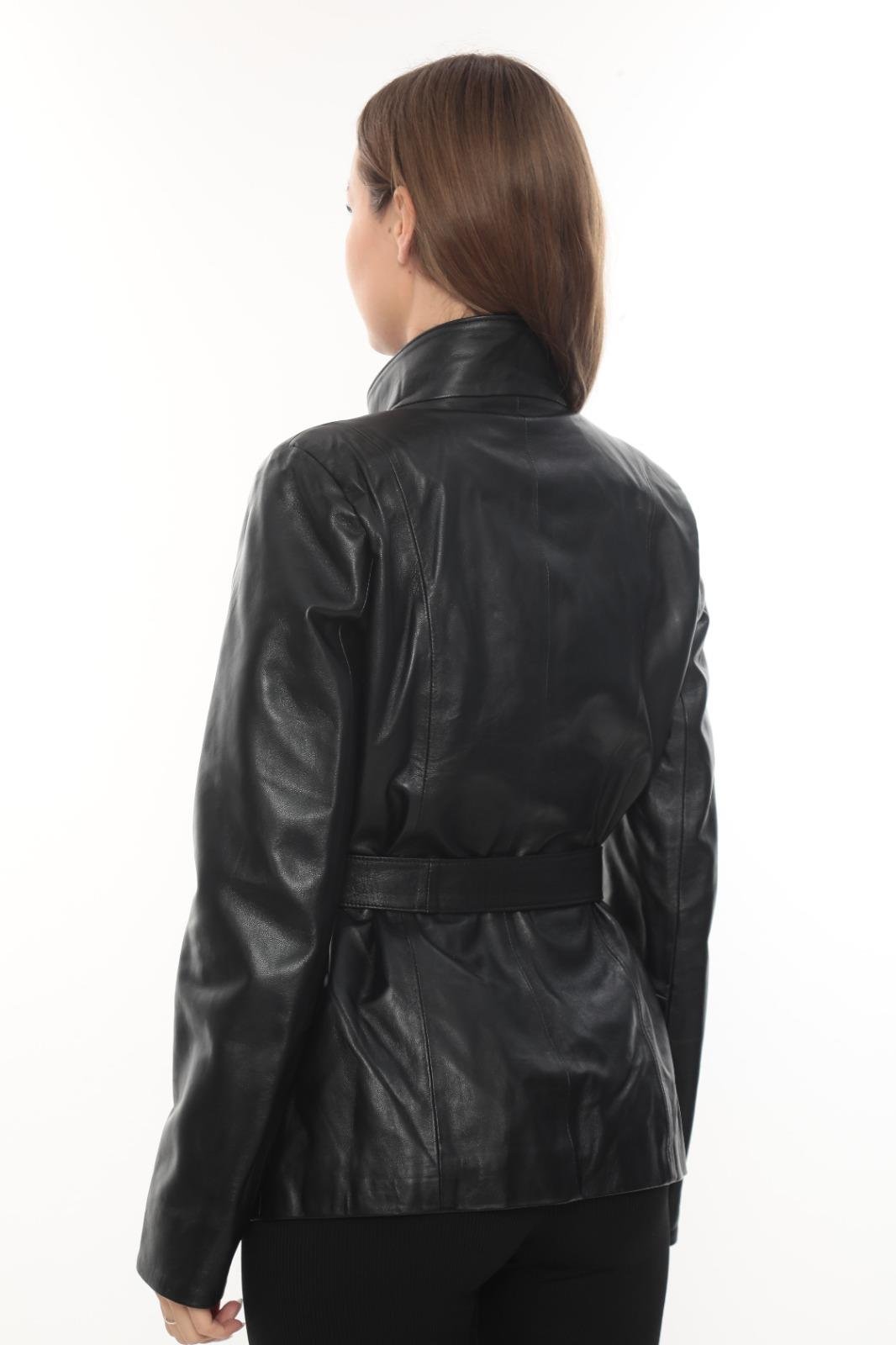 Şık Tasarımlı Kemerli Kadın Deri Ceket 