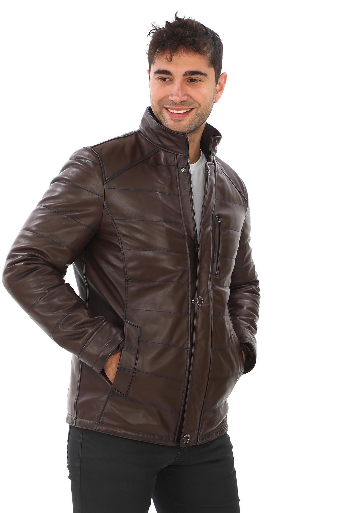 Şişme Klasik Ve Spor Kesim Deri Mont Fındık Renk