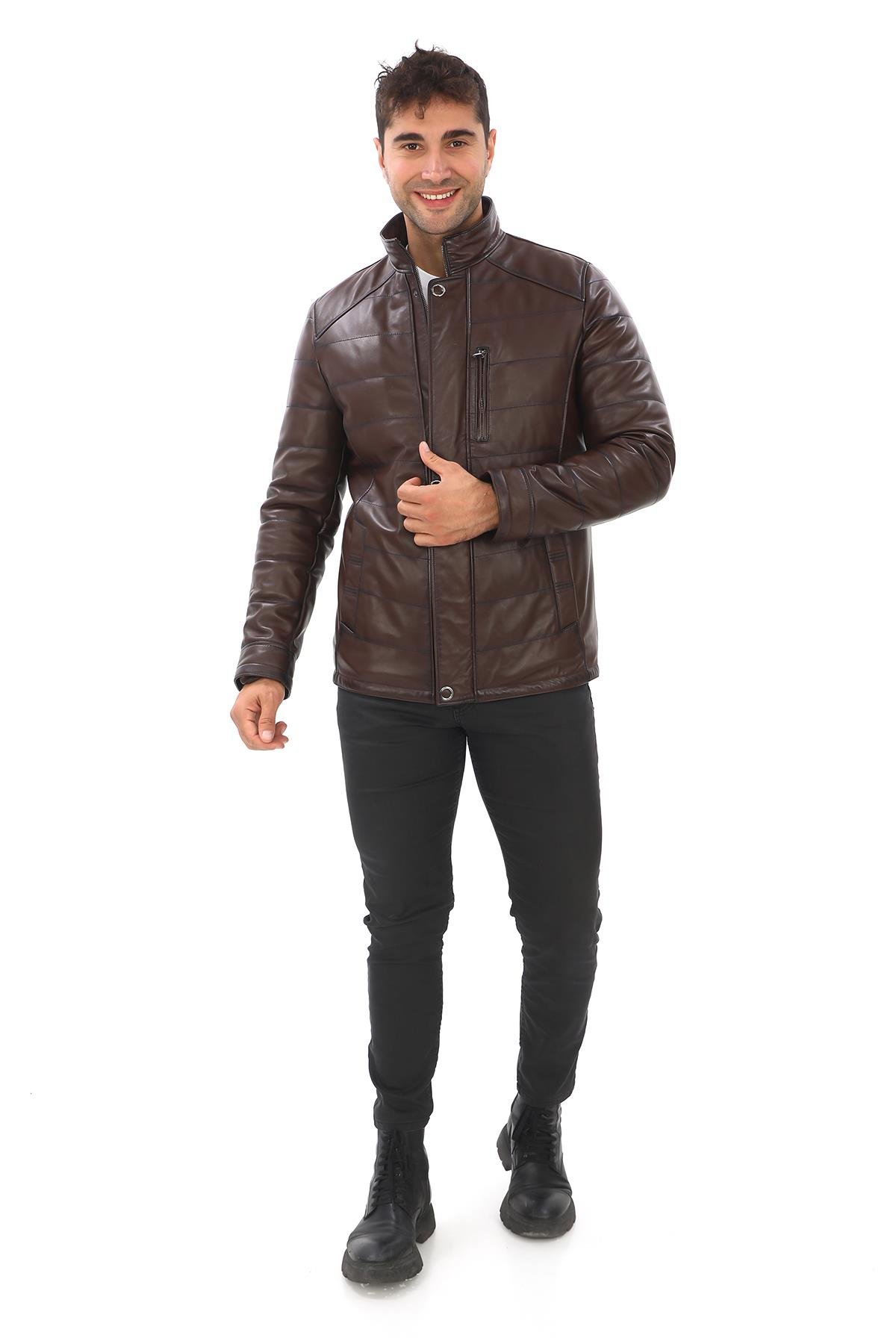 Şişme Klasik Ve Spor Kesim Deri Mont Fındık Renk