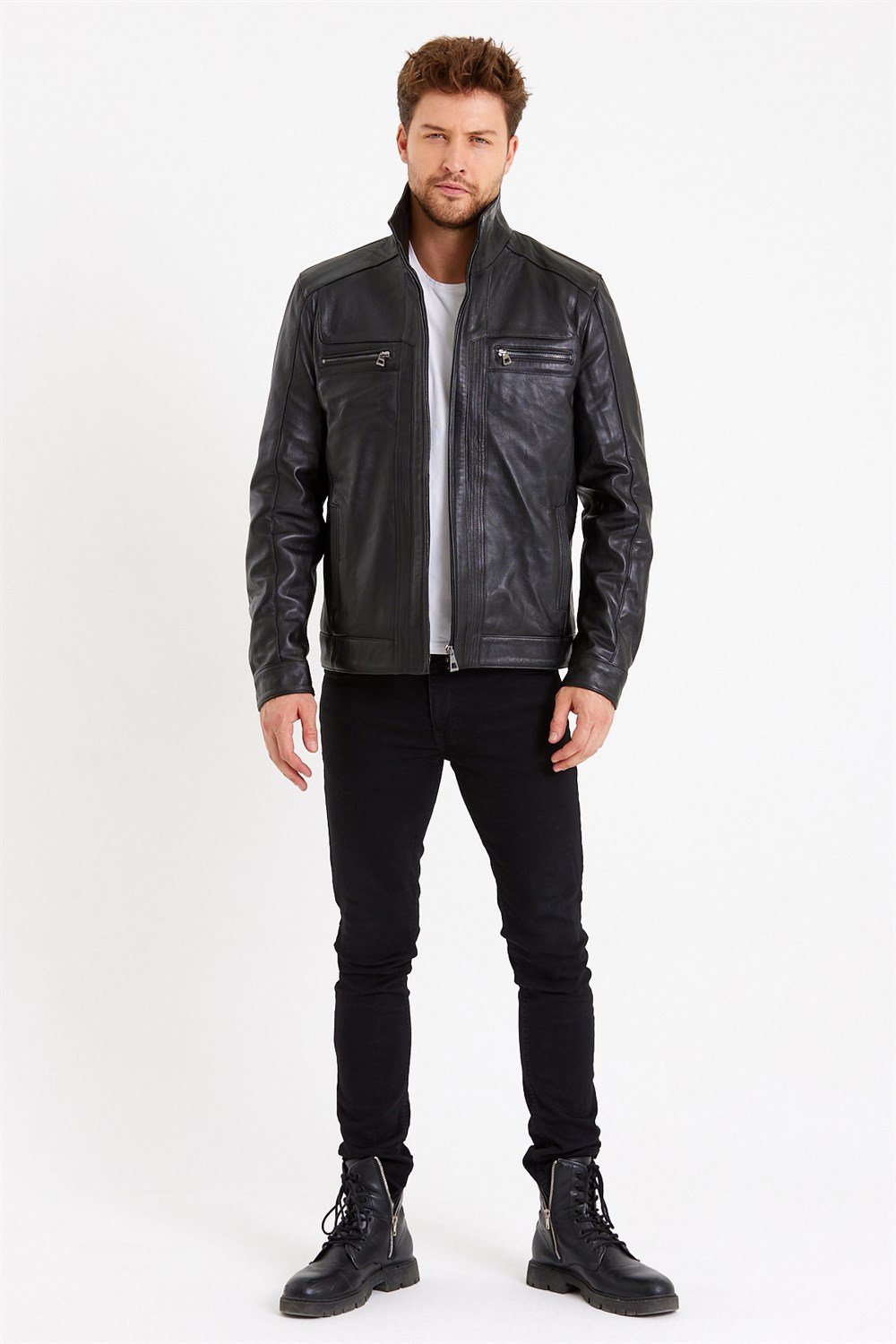 Siyah Renk Hakim Yaka Klasik Spor Erkek Deri Mont