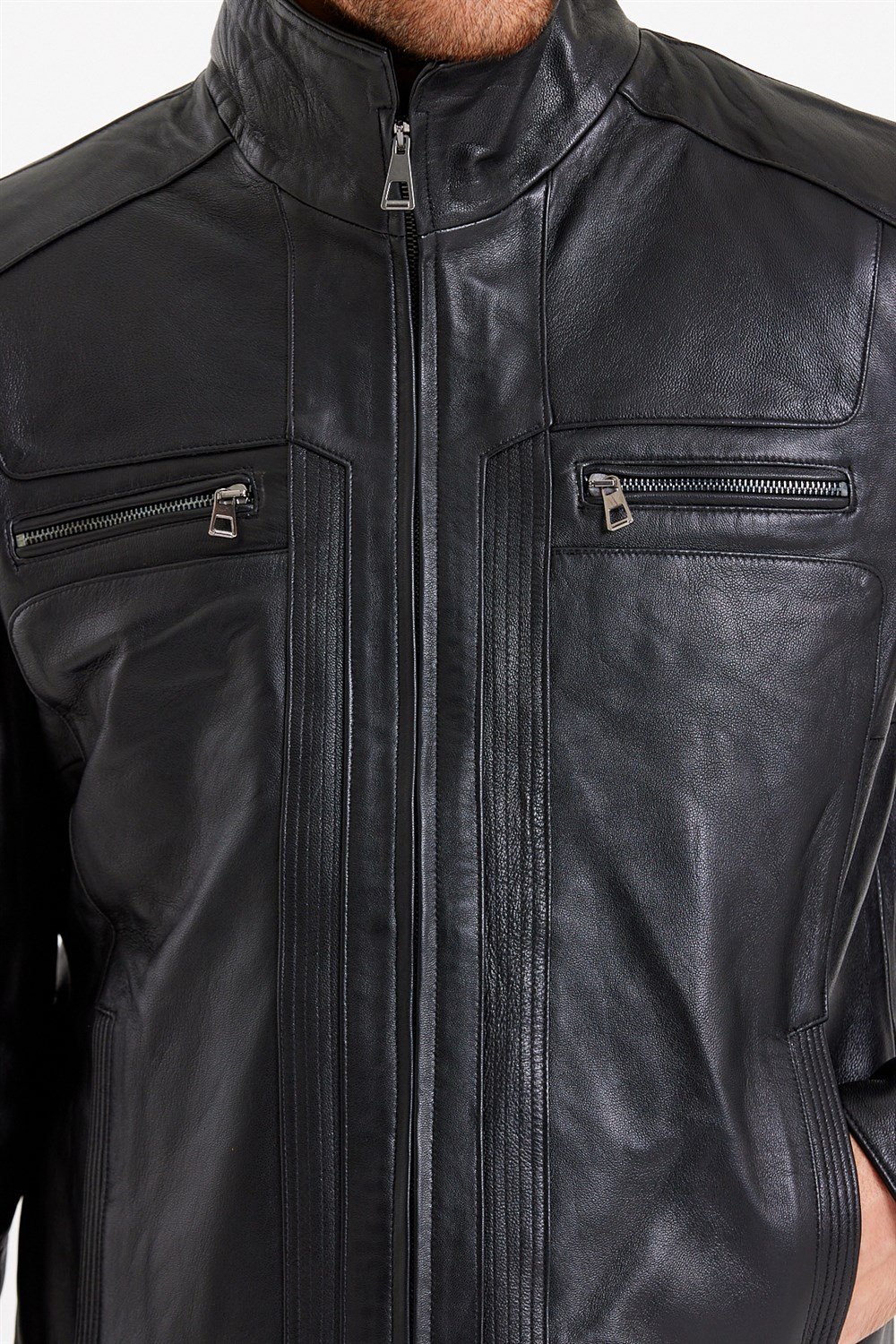 Siyah Renk Hakim Yaka Klasik Spor Erkek Deri Mont