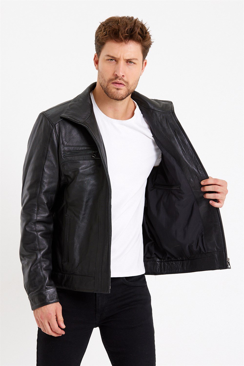 Siyah Renk Hakim Yaka Klasik Spor Erkek Deri Mont