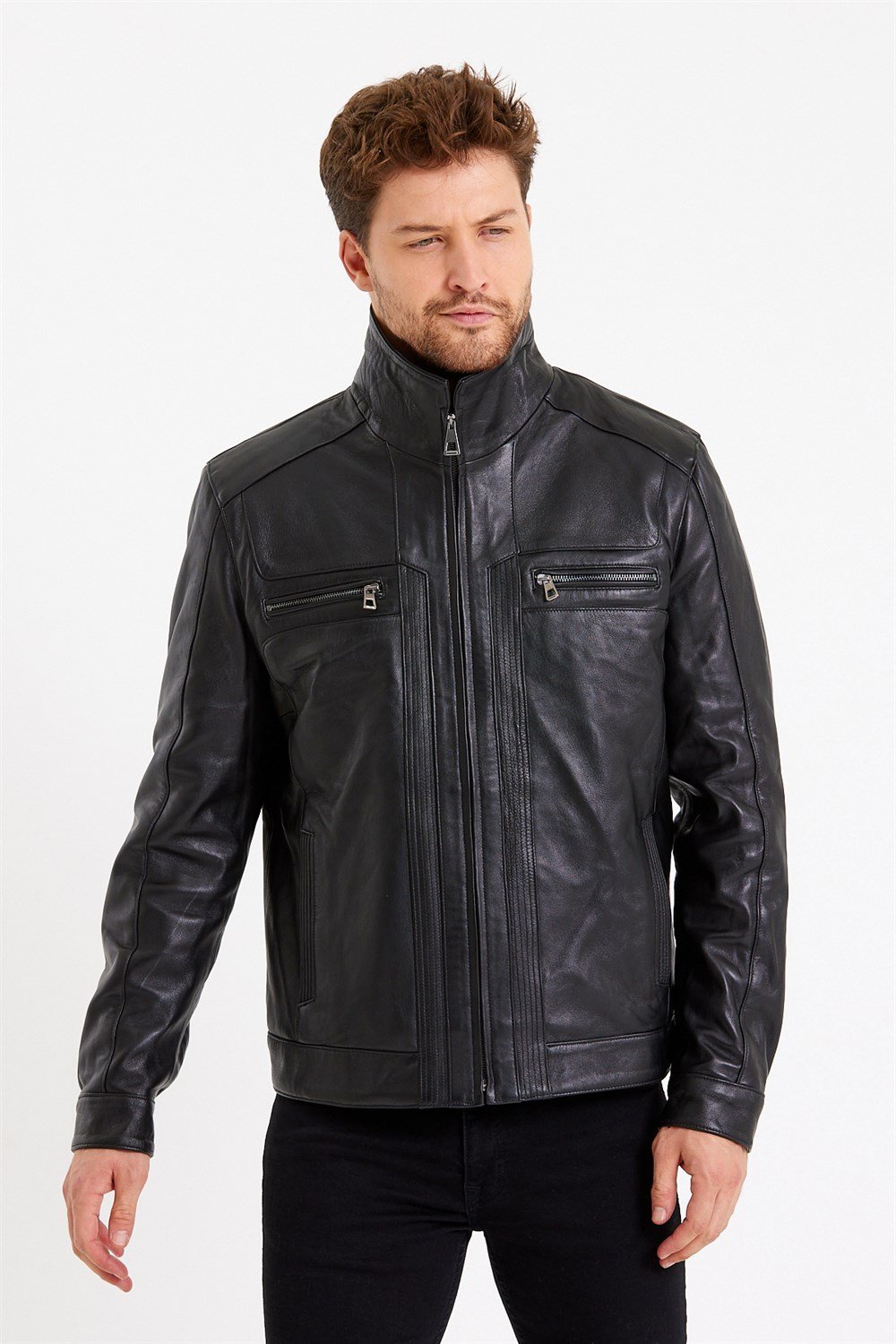 Siyah Renk Hakim Yaka Klasik Spor Erkek Deri Mont