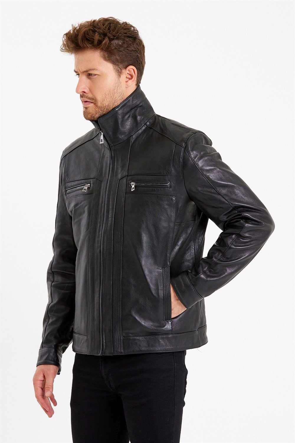 Siyah Renk Hakim Yaka Klasik Spor Erkek Deri Mont