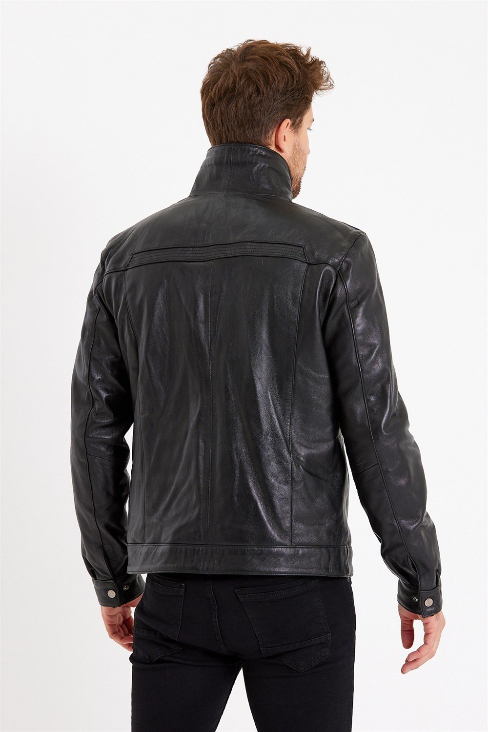 Siyah Renk Hakim Yaka Klasik Spor Erkek Deri Mont