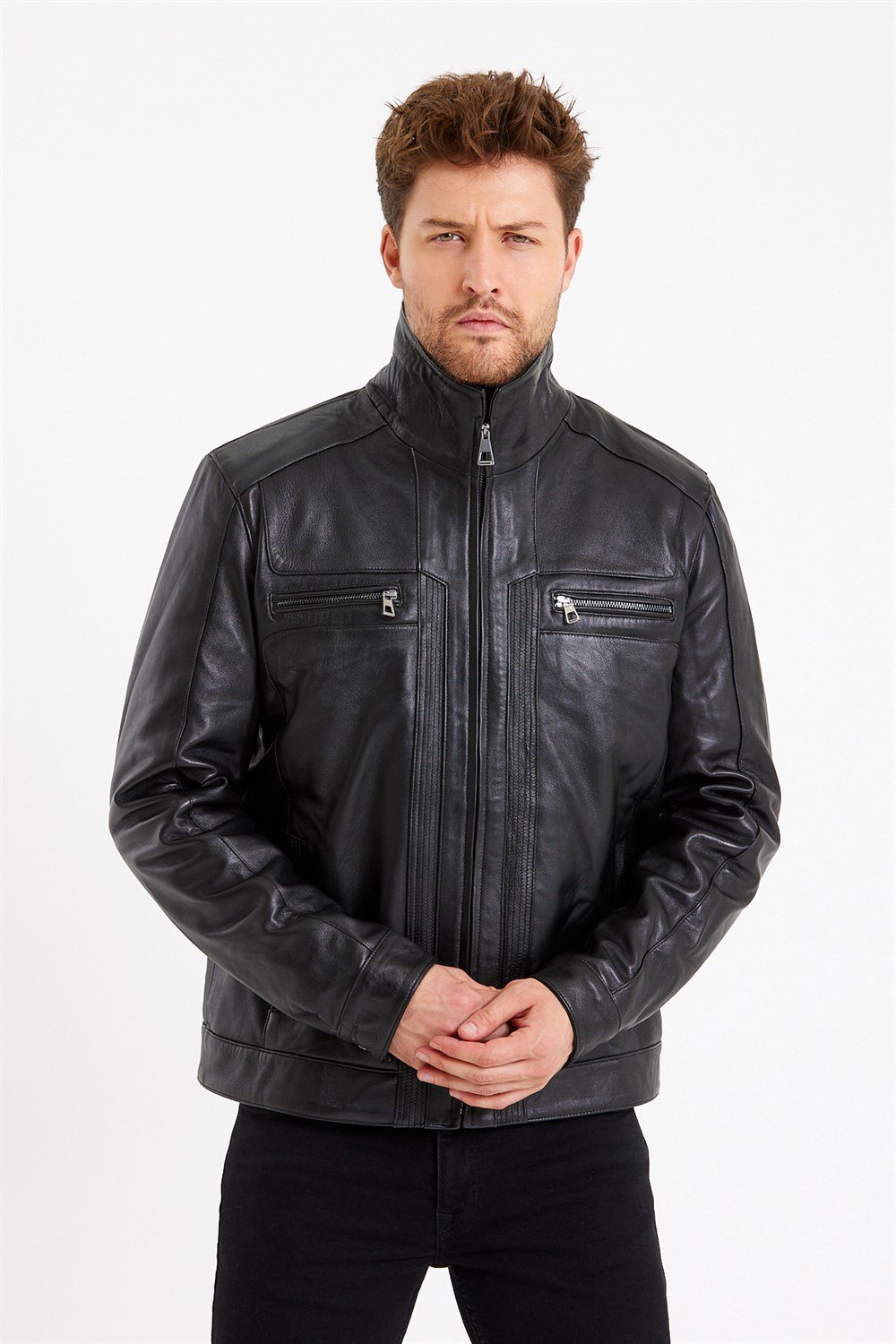 Siyah Renk Hakim Yaka Klasik Spor Erkek Deri Mont