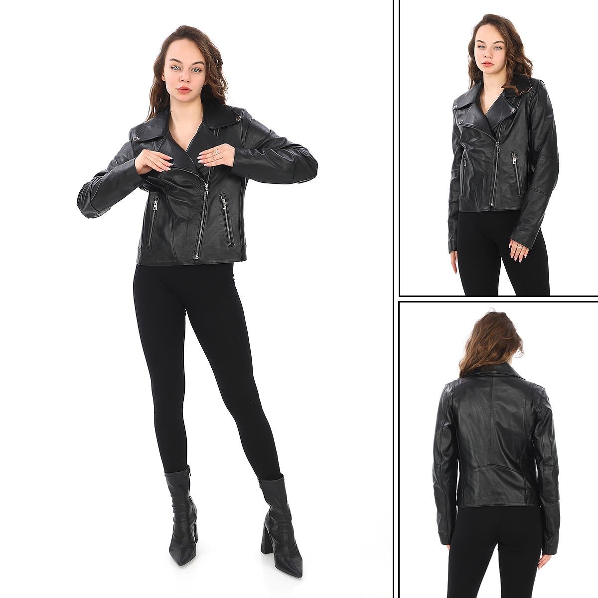 Siyah Renk Kruvaze Yaka Bayan Deri Ceket