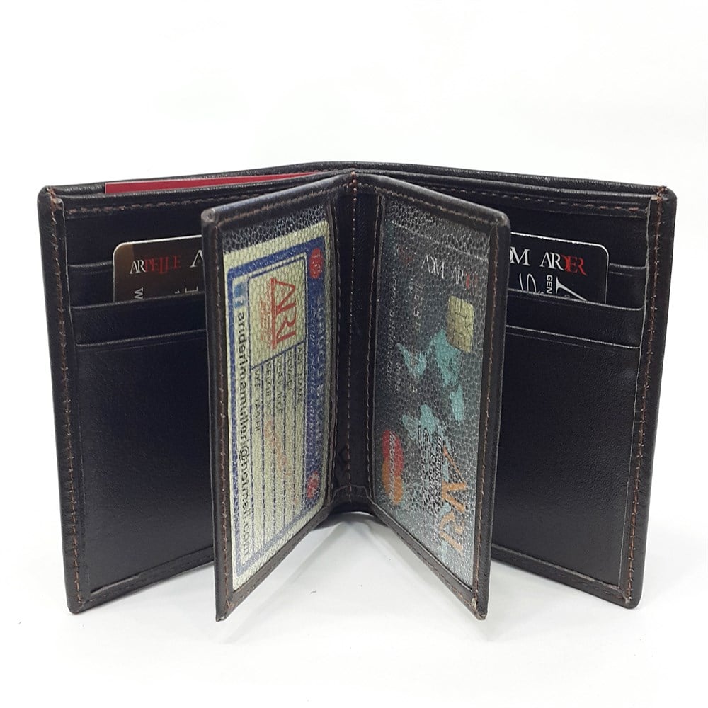 Siyah-Taba-Kahve Renklerde Kartlık, Kimlik Ve Ehliyet Bölmeli Şık Dikey Model Deri Cüzdan